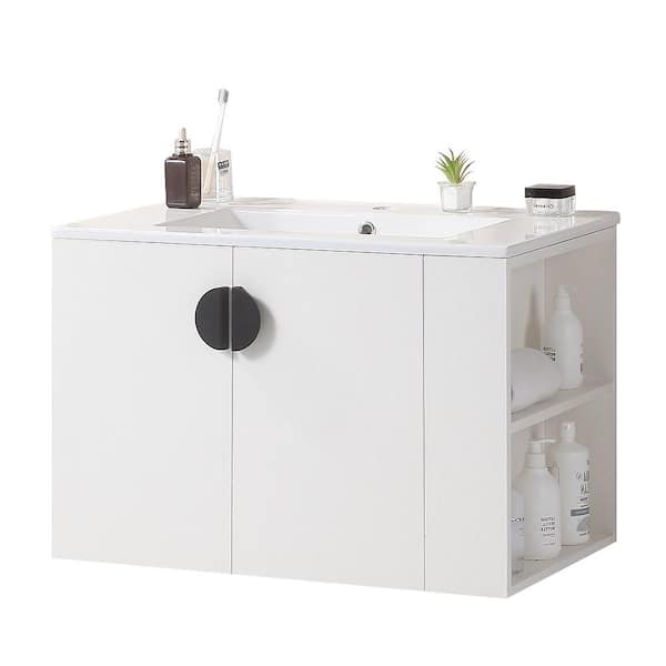 HwoamneT 30.00 in. W x 18.30 in. D x 19.60 in. H Floating Bath Vanity in White with Side Right Open Storage Shelf