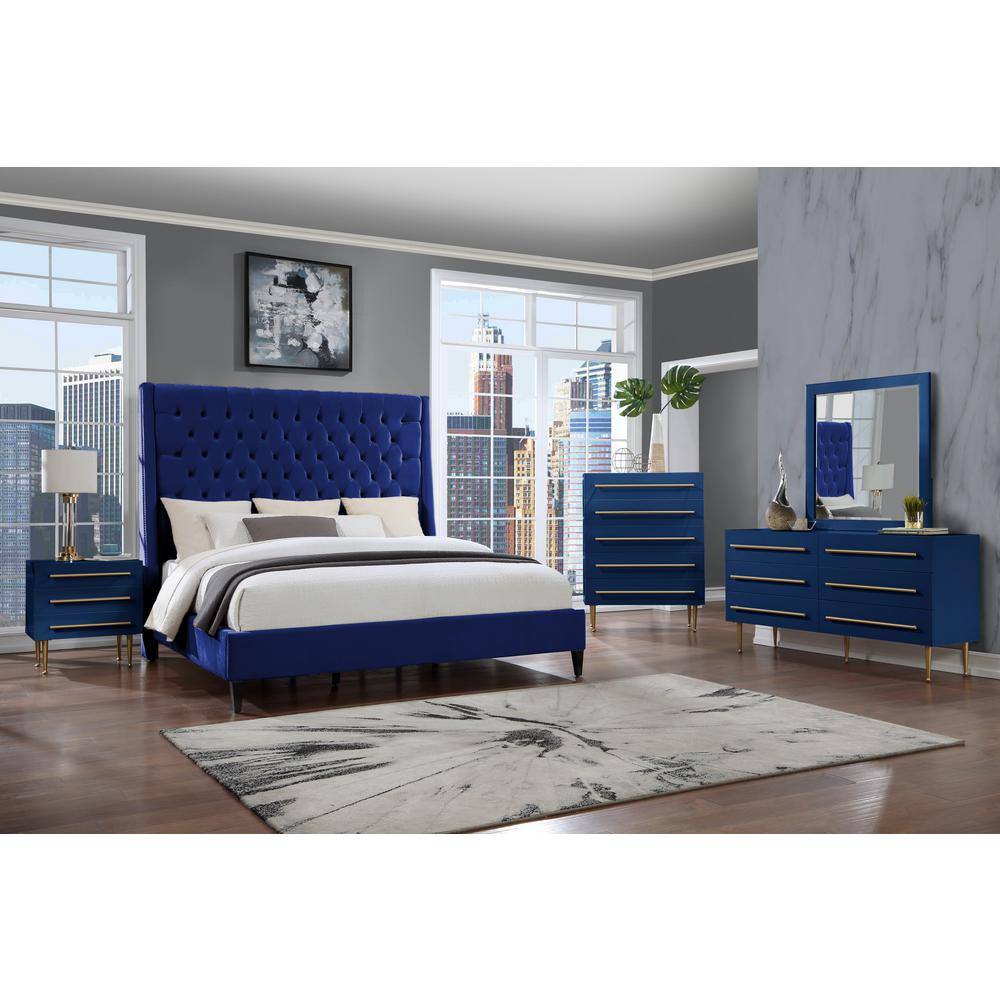 Elegant Navy Blue Velvet Queen Platform Bed with Nailhead Trim
