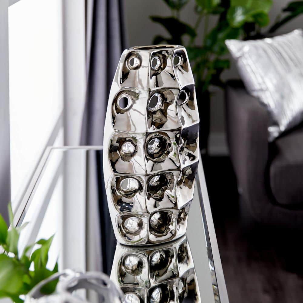 Sleek Silver Ceramic Table Vase with Geometric Cut-Outs 8" x 14"