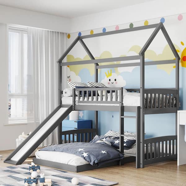 Polibi Gray Twin Over Twin Bunk Bed with Slide, House Bed with Slide