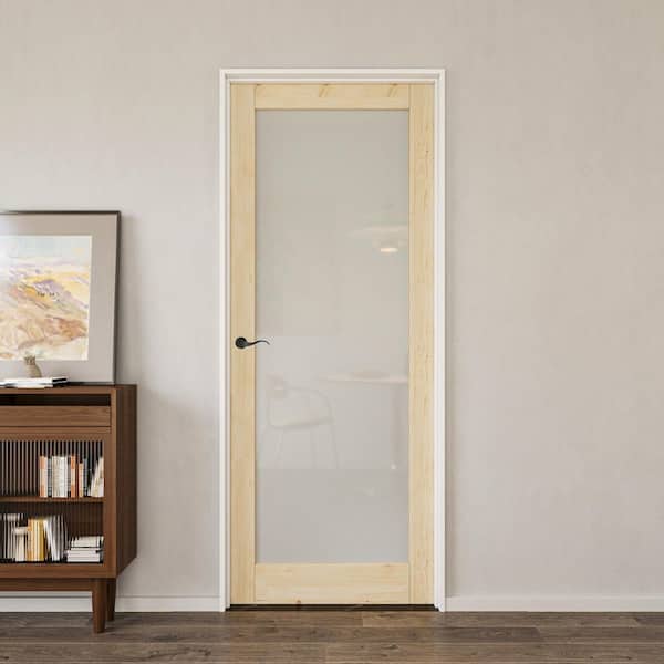 30 in. x 96 in. 1-Lite Frosted Glass Right Handed Solid Core UnFinished Pine Wood Door Kit with Quick Assemble Jamb