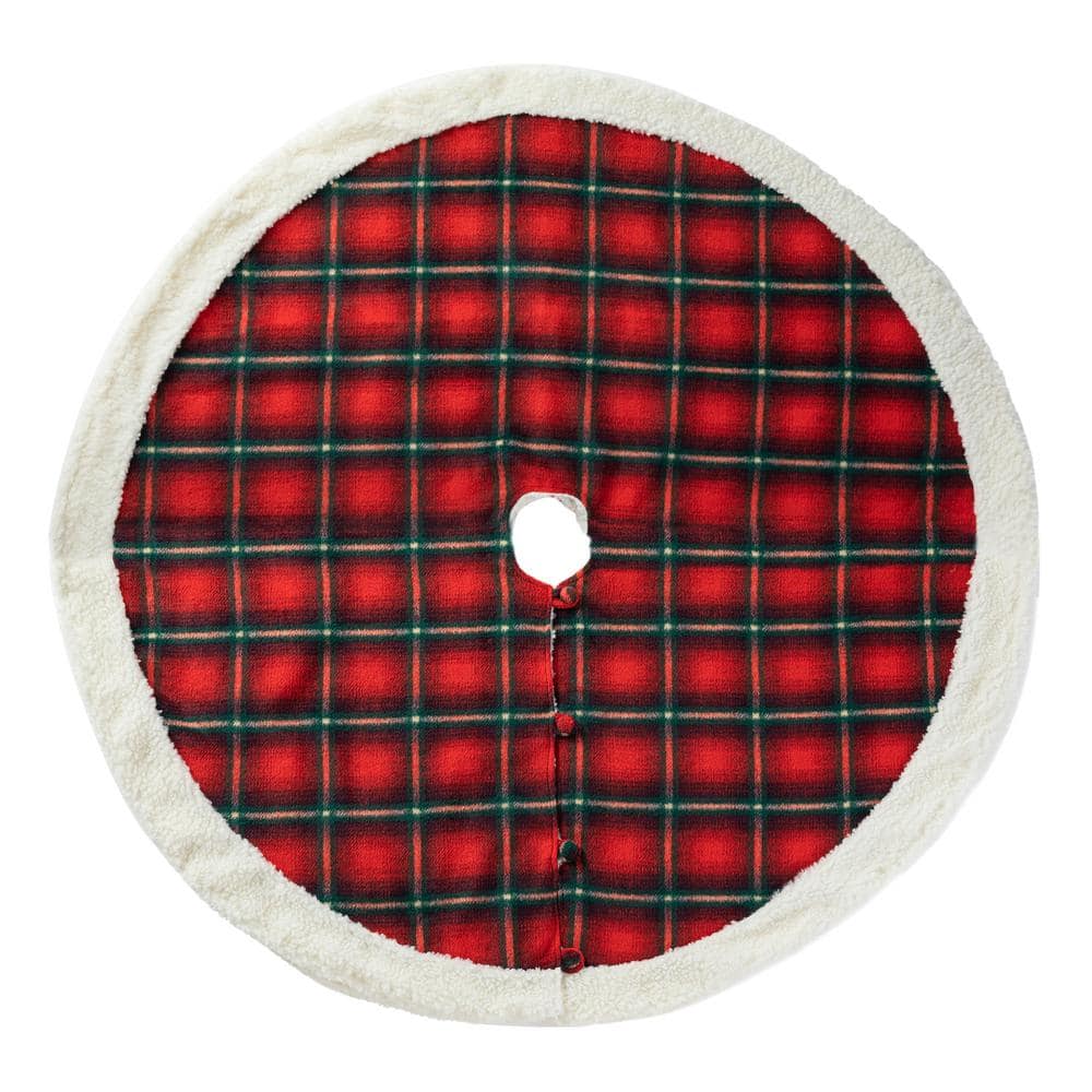 Glitzhome 60 in. D Oversized Red and Black Plaid Reversible Sherpa/Flannel Christmas Tree Skirt