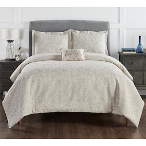 Haven Damask Comforter 4-Piece Gray King 100% Cotton Jacquard Weave with a Floral Pattern Comforter Set
