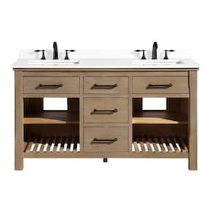 Lauren 60 in. Double Bath Vanity in Weathered Fir with White Engineered Stone Top with White Basin