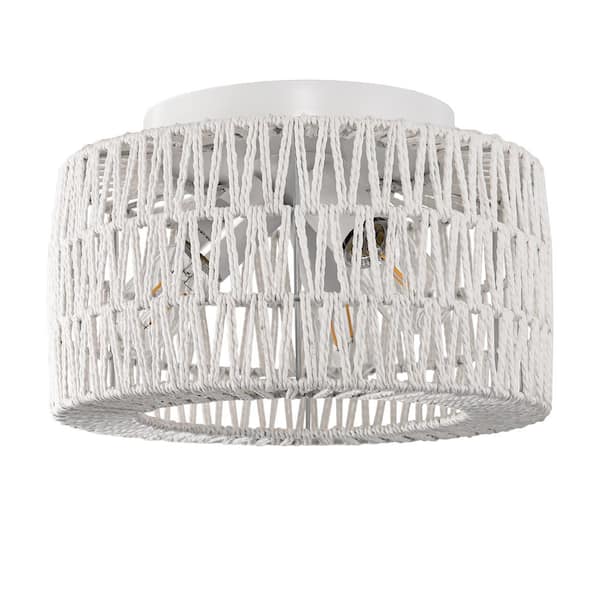 YANSUN 11.8 in. 3-Light White Rattan Ceiling Light with Hand-Woven Cage Shade for Hallway or Bedroom