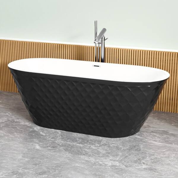 67 in. x 31 in. Acrylic Freestanding Soaking Bathtub with Diamond Wave Pattern in Black with Chrome Overflow Bathtub