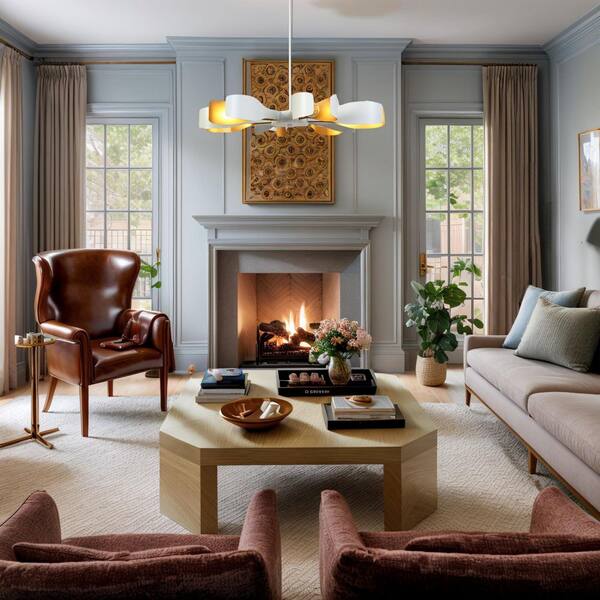 Contemporary 31.4 in. 6-Light White and Gold Chandeliers, Artistic Round Bedroom Chandelier Lighting with Petal Shade