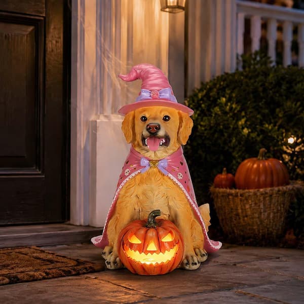 19.69" Resin Golden Retriever Halloween Decor, Pink Witch Outfit Dog Sculpture with Lighted Pumpkin for Holiday Party HP520247
