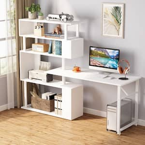 Halsey 47 in. W Reversible L-Shaped White Wood Corner Computer Desk Writing Studying Reading Desk 5-Tier Storage Shelves