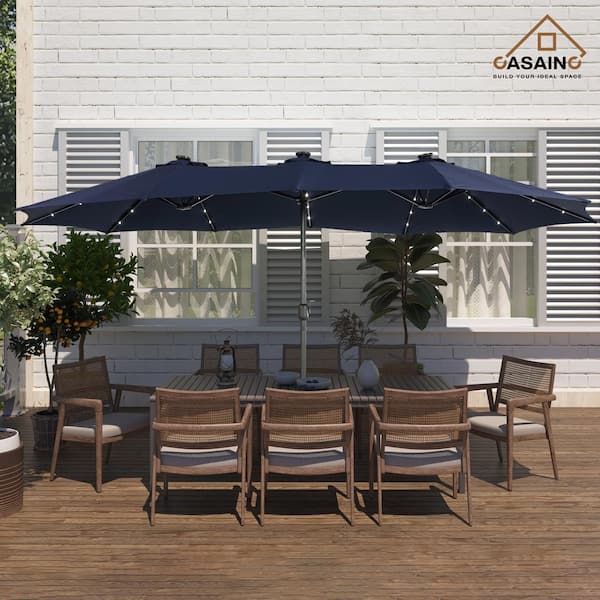 15 ft. Steel Patio Double-Side Market Umbrella with Base and Solar Light with Base in Navy