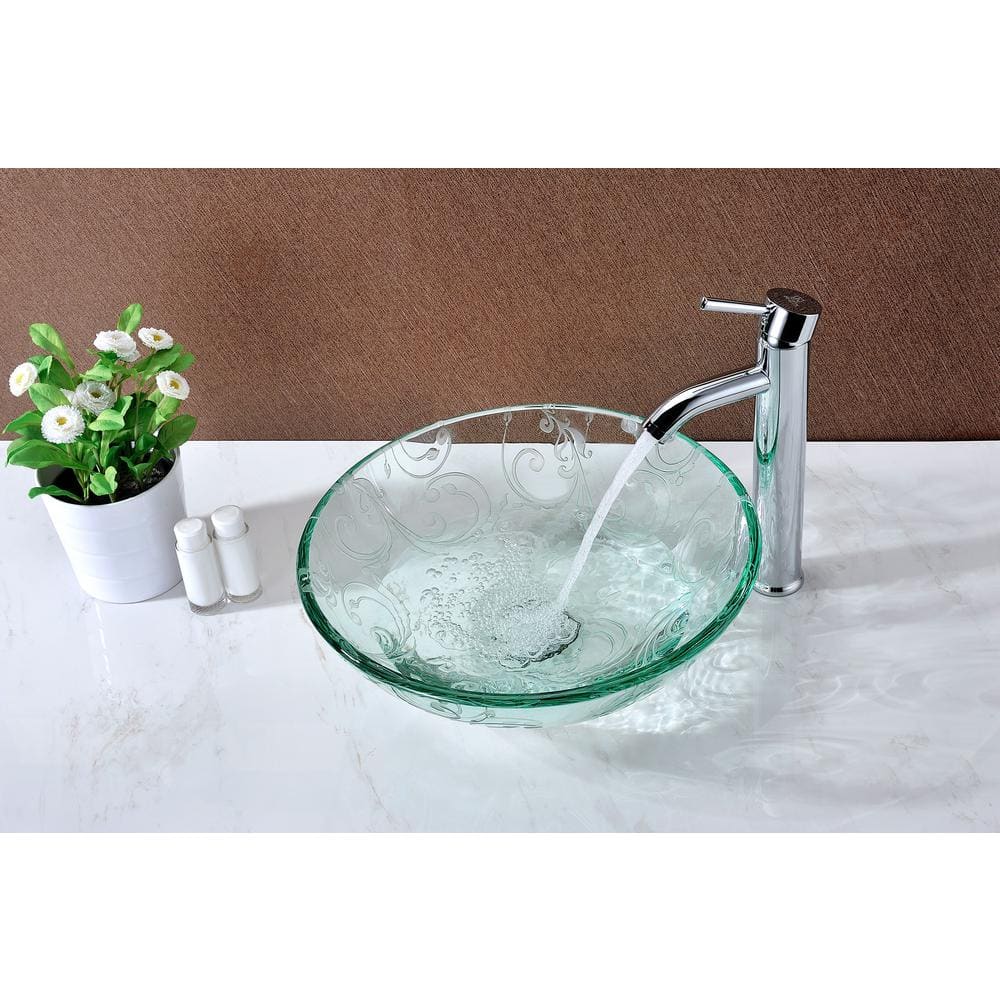 Vieno 16.5'' Clear Floral Etched Glass Vessel Sink