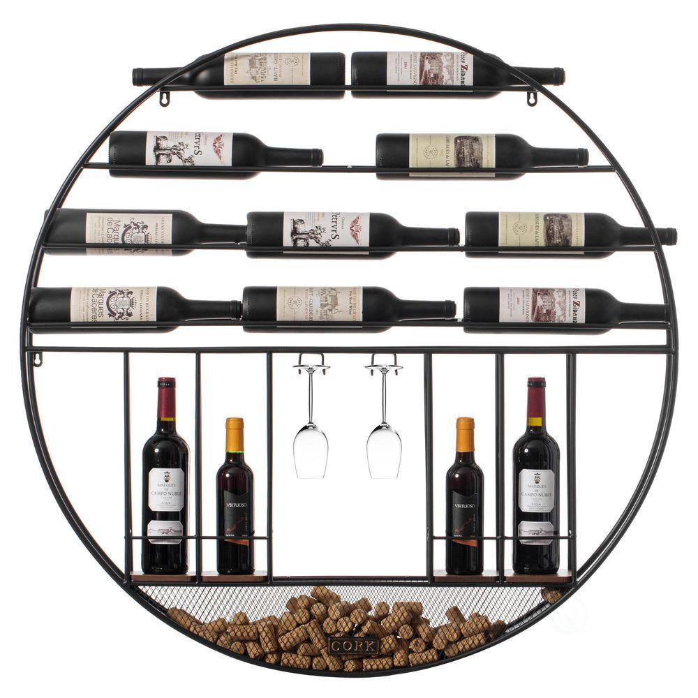 Vintage Decorative Modern Black Metal Round Wall Mounted Wine Display Rack with Cork and Glass Holder