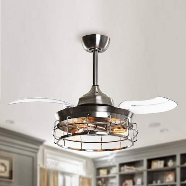 Parrot Uncle 36 in. Indoor Satin Nickel Downrod Mount Retractable Ceiling Fan Chandelier with Light Kit and Remote Control