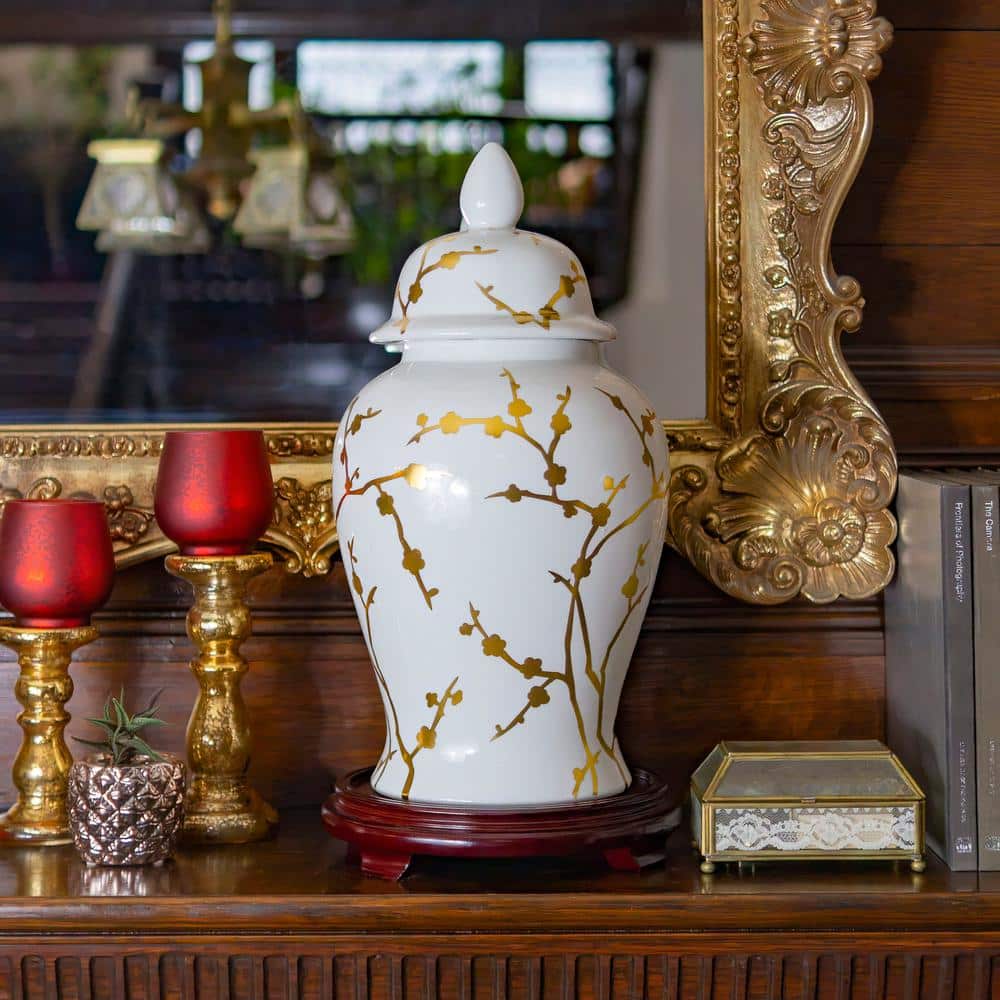 18" White and Gold Porcelain Temple Jar with Glossy Finish