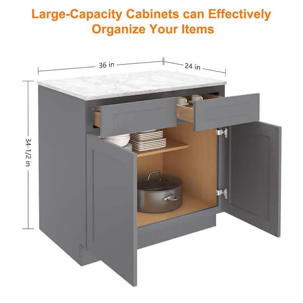 HOMEIBRO 36 in. W x 24 in. D x 34.5 in. H in Shaker Grey Plywood Ready to Assemble Floor Base Kitchen Cabinet with 2 Drawers