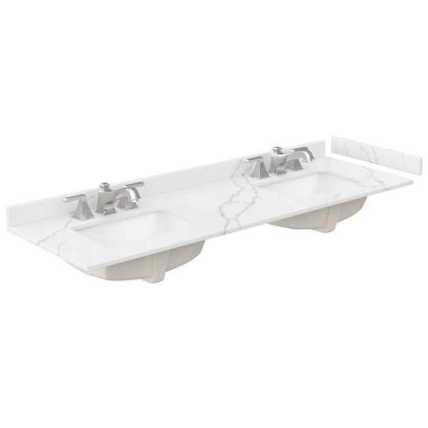 Wyndham Collection 66 in. W x 22 in. D Quartz White Rectangular Double Sink Bathroom Vanity Top in Giotto