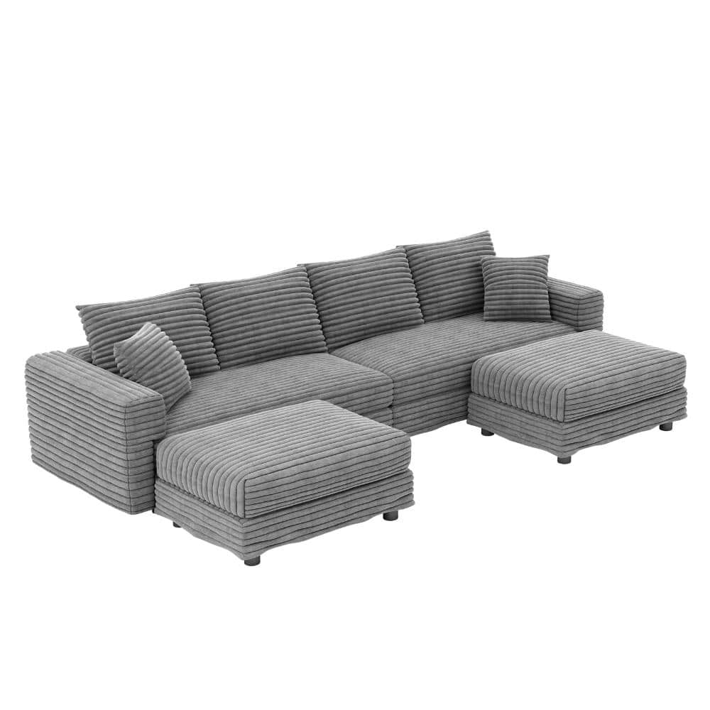102.4 in Wide Plush Corduroy 4-Seat Sofa with Pillows and 2 Ottomans Convertible Lounge Chair in Grey price history on PriceWatchPro