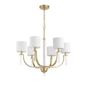 Fortuna 6-Light Satin Brass Finish with White Linen Shade Transitional Chandelier for Kitchen Dining Foyer No Bulb Incld