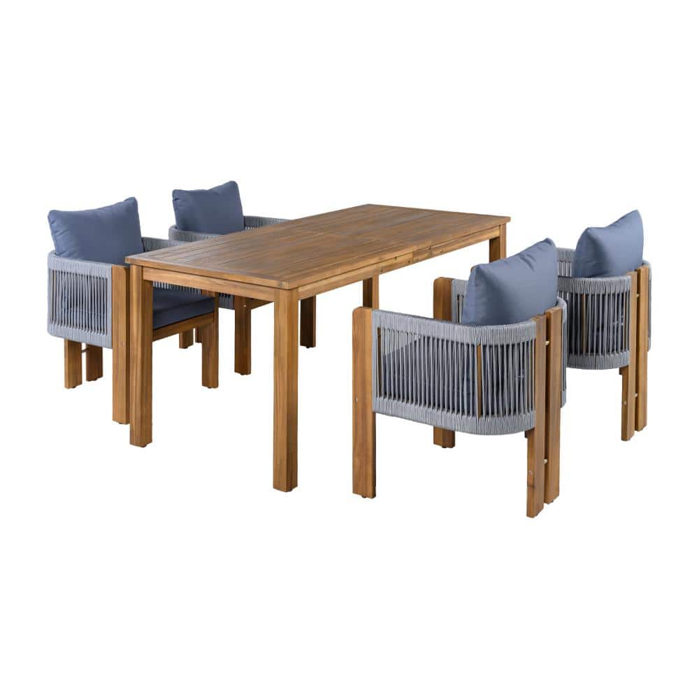 5-Piece Wood Patio Dining Set, Conversation Set with Gray Cushion, Rope Woven Chairs price history on PriceWatchPro