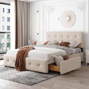 Beige Queen Size Upholstered Platform Bed with 4 Drawers