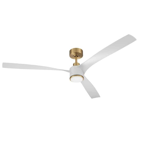 60 in. Satin Brass Finish with White Blades Angled Mount Standard Ceiling Fan Integrated LED w/ Remote Included