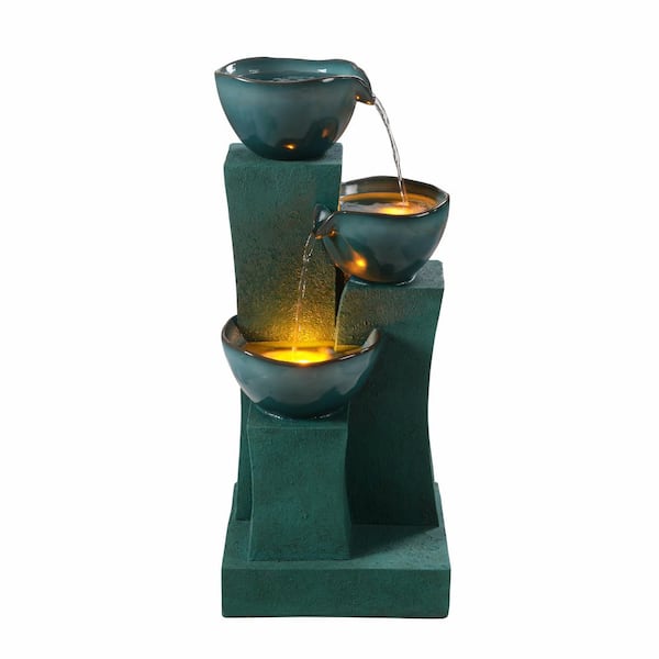 28.54 in. 3-Tier Outdoor Water Cascade Fountain with LED Lights for Outdoor Living Spaces in Green