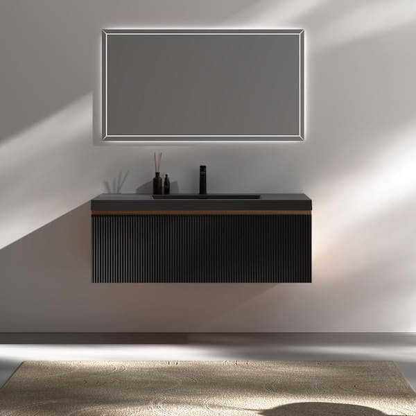 FAMYYT 42 in. W Single Sink Walnut Black Floating Bath Vanity with Matte Black Quartz Sand Top
