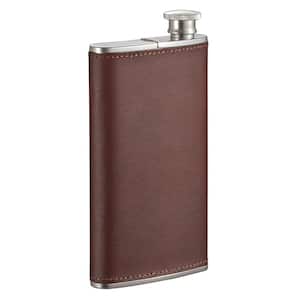 Edian Stainless Steel and Brown Leather Wrapped Flask with Built-in Cigar Case