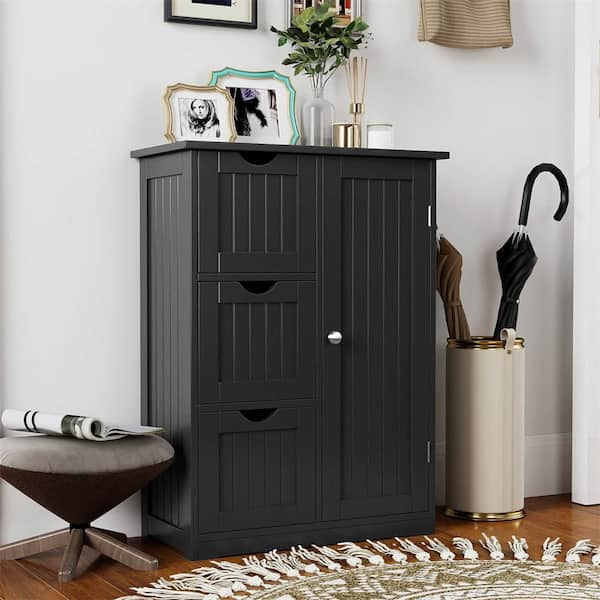 Black Bathroom Floor Accent Cabinet with 3-Drawers and 1-Cupboard