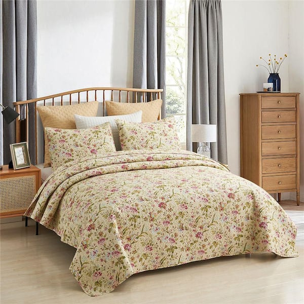 3-Piece King Size Vintage Floral Microfiber Reversible Quilt Set