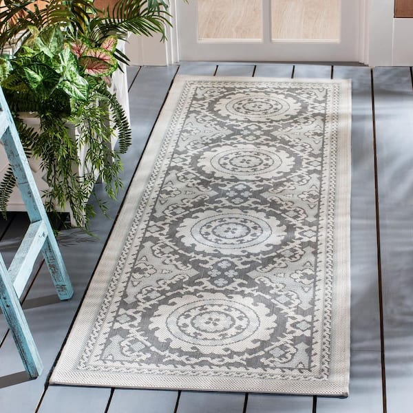 Courtyard Light Gray/Anthracite 2 ft. x 7 ft. Border Indoor/Outdoor Patio  Runner Rug