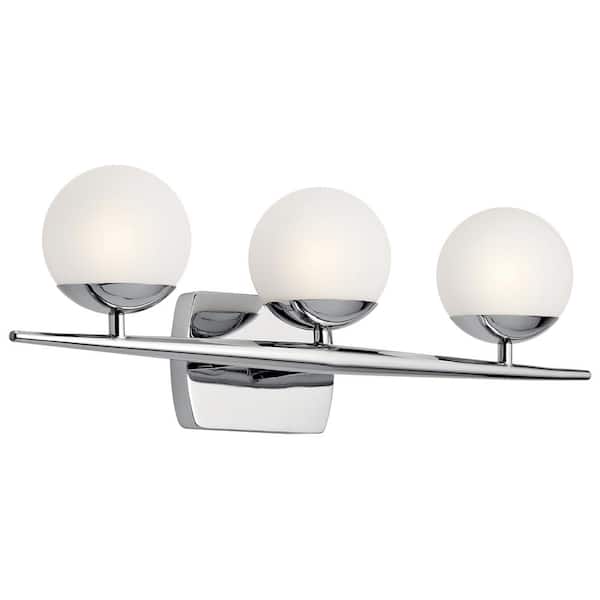 Jasper 24.5 in. 3-Light Chrome Halogen Mid-Century Modern Bathroom Vanity Light with Etched Glass Shade