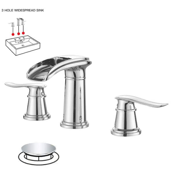 BWE 8 in. Waterfall Widespread 2-Handle Bathroom Faucet With Pop-up Drain Assembly in Spot Resist Polished Chrome