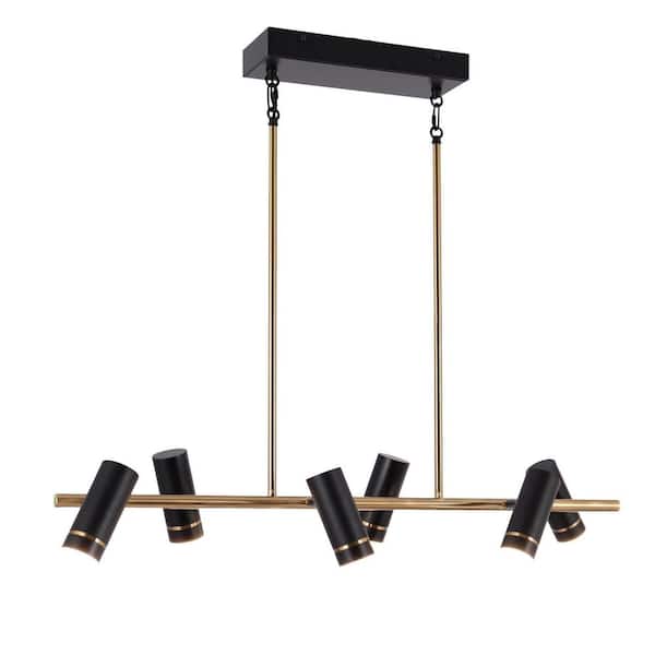 Zevni 36 in. Modern 6-Light Black Integrated LED Sputnik Chandelier, Brass Gold Pendant Light with Cylinder Shade