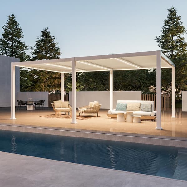 Sonkuki 12 ft. x 20 ft. LED White Aluminum with Adjustable Louvered Roof and Gutter System for Terrace and Garden Patio Pergola