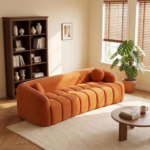 Bubble Channel Tufted Couch 98.4 in. Round Arm Corduroy Curved Compressed Sofa with Pillows in Orange