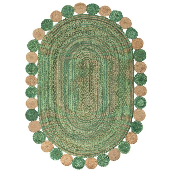 Cape Cod 6 ft. x 9 ft. Oval Green/Natural Circles Border Area Rug