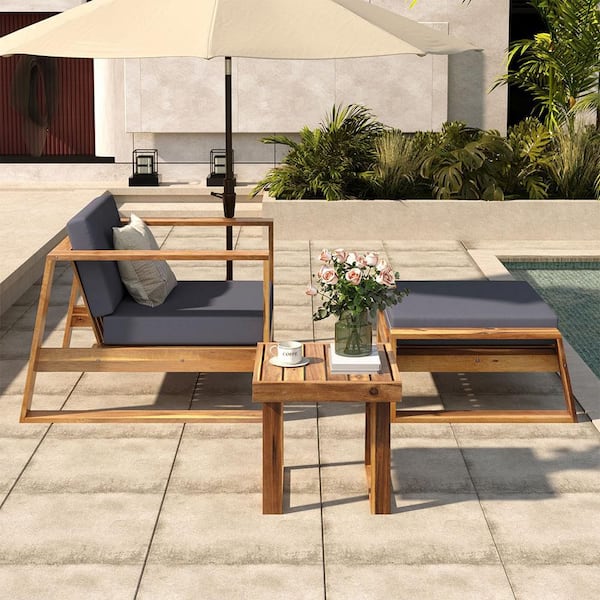 Sudzendf 3-Piece Wood Outdoor Conversation Patio Furniture Set with Gray Cushions