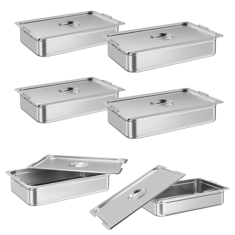 6-Piece Stainless Steel Steam Table Hotel Pans, Full Size 4 in. Deep Roasting Pan Set with Lid