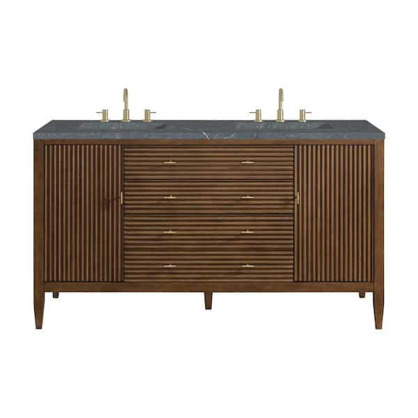 James Martin Vanities Mirin 60.0 in. W x 23.5 in. D x 34.06 in. H Double Bathroom Vanity in Mid-Century Walnut Parisien Bleu Top