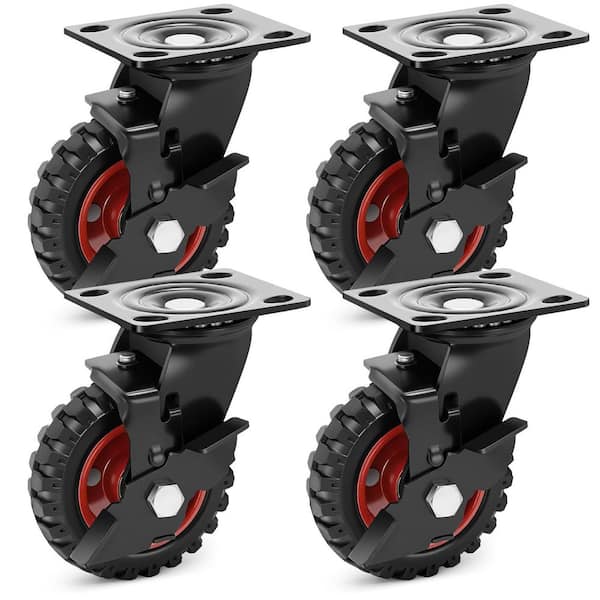 4-Pack 5 in. Black Rubber Heavy Duty Swivel Plate Casters with Brake Knobby Tread 1080 lbs. Load Rating