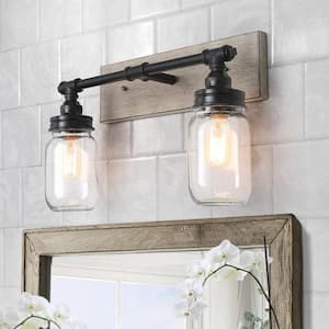 2-Light Modern Farmhouse Black Bath Vanity Light with Faux Wood Accent and Clear Glass Mason Jar Shades Wall Sconce