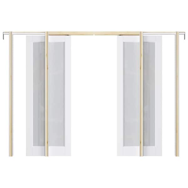 60 in. x 80 in. 1-Lite Glass White Primed MDF Pocket Sliding Door with Pocket Door Frame and Hardware Kit