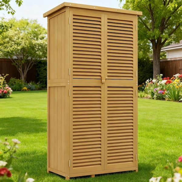 34.3 in. W x 18.3 in. D x 63 in. H Yellow Fir Wood Outdoor Storage Cabinet with Asphalt Roof and Lockable Doors