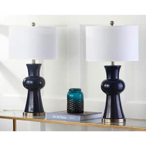 Lola 30 in. Navy Column Hourglass Table Lamp with Off-White Shade (Set of 2)