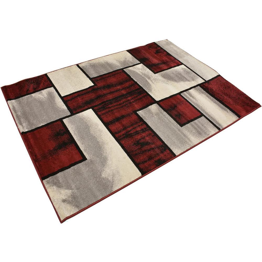 Comfy Squares Geometric Red-Gray 8 ft. x 10 ft. Classic Braided Vintage ...