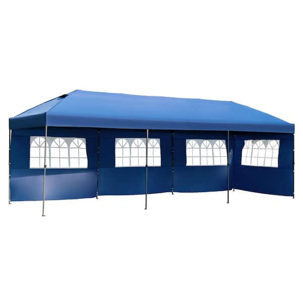 10 ft. x 30 ft. Outdoor Navy Mental Heavy Duty Gazebo Pop Up Canopy with Sidewalls and Wheeled Bag for Wedding Party