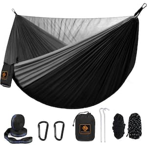 9.5 ft. Camping Portable Lightweight Nylon Parachute Hammocks with Mosquito Net and 10 ft. Tree Straps in Black/Grey
