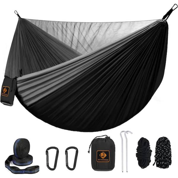 Unbranded 9.5 ft. Camping Portable Lightweight Nylon Parachute Hammocks with Mosquito Net and 10 ft. Tree Straps in Black/Grey