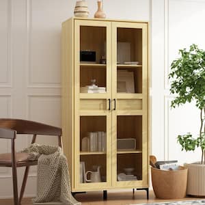 70.9 in. Tall Yellow Wooden Grain 4-Shelves Standard Bookcase with 2 Drawers and Glass Doors